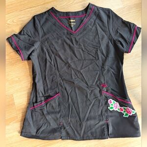 Cute Black Scrub Top with Pink Rose Details